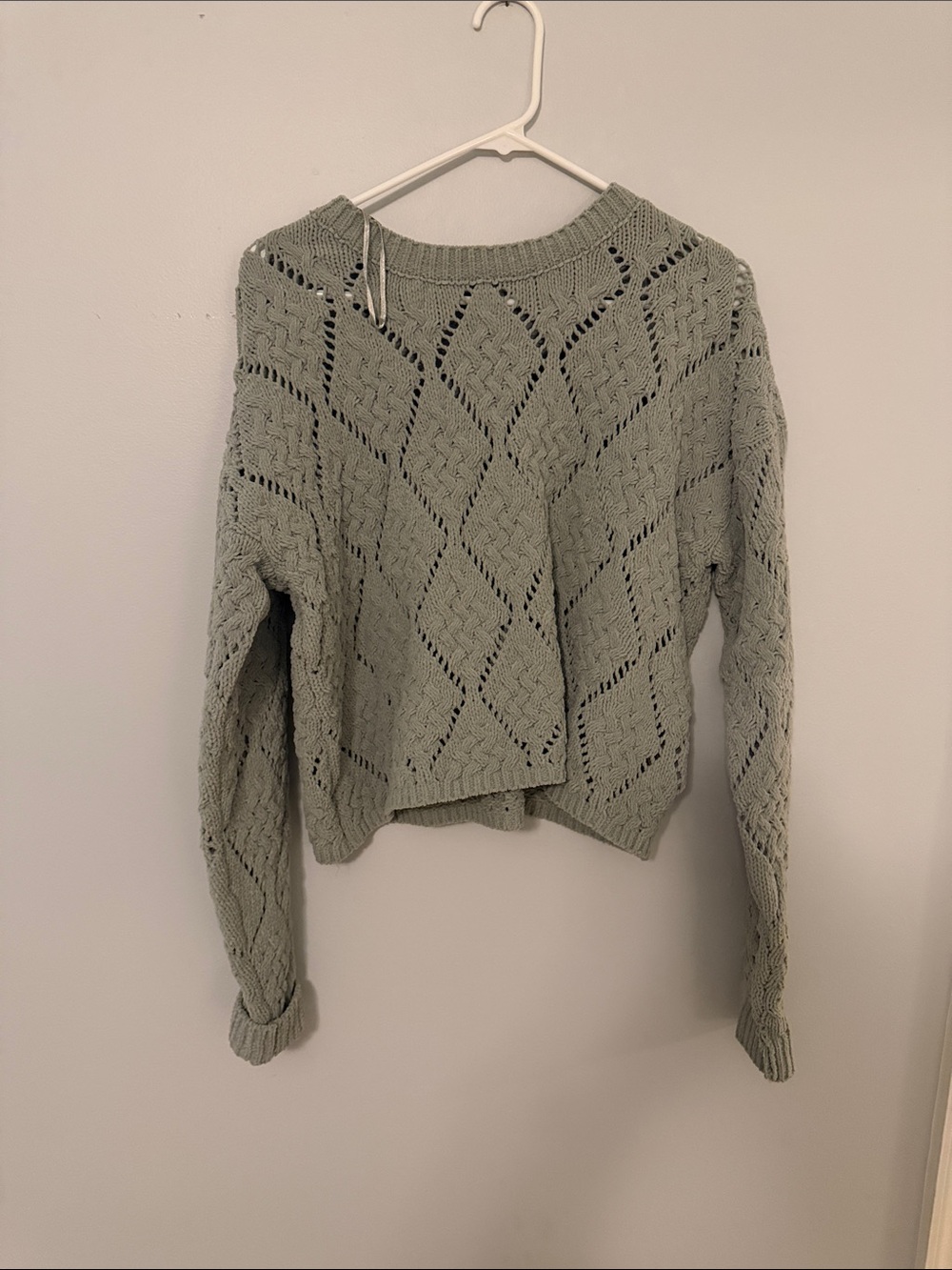 Sincerly Jules Sage Green Diamond Openwork Crewneck Sweater